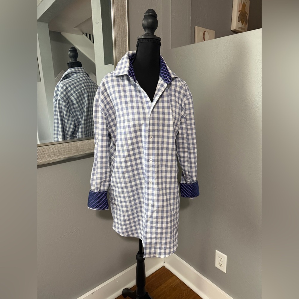 Calabrum London Slim Fit Stretch Flip Sleeve Gingham Plaid  Shirt 16 1/2 32-33